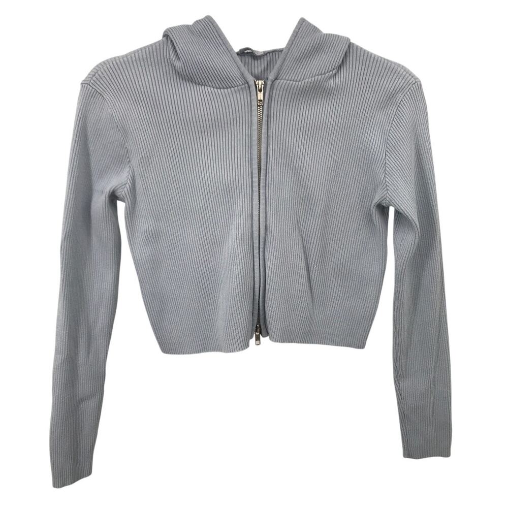 John Galt Blue Rib Knit Zip Front Crop Hoodie Sweater One Size